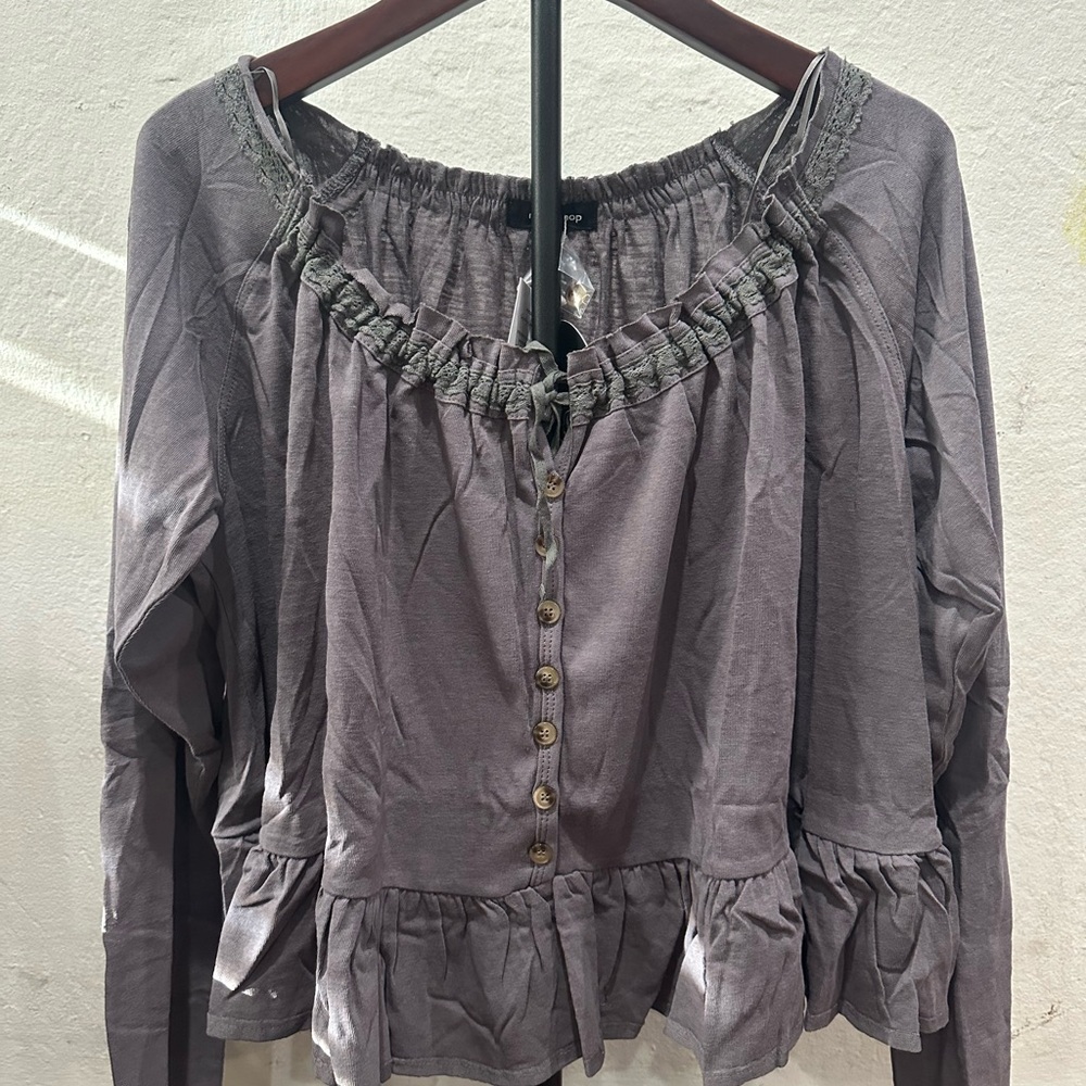 Mittoshop Slate Ruffle Button Blouse